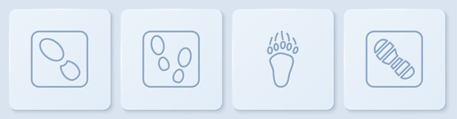 Set line Human footprints shoes, Bear paw, and . White square button. Vector