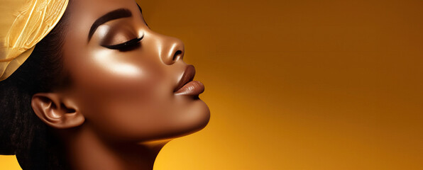 Close up of beautiful afro american woman with make up in yellow turban. Beauty make up or skincare concept banner