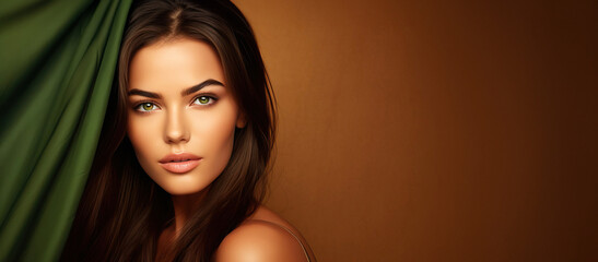 Beautiful brunette woman with green eyes on brown background. Beauty banner