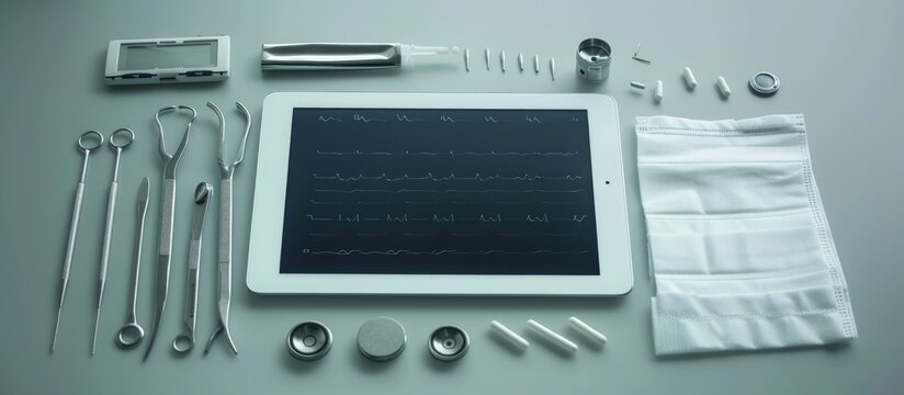 White tablet technology and doctor tools on the table in office. AI generated image