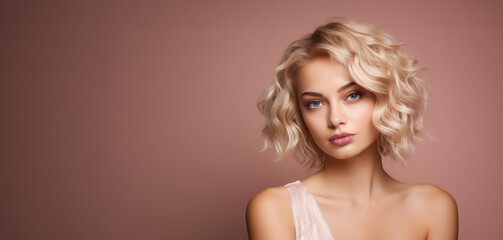 Fashion photo background banner. Beautiful blond woman with wavy hair on the pink background