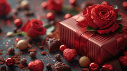 Valentine day background with red roses and gift box. Valentine's day greeting card.