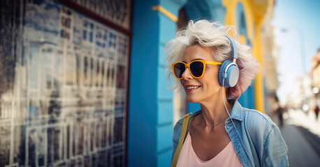 Trendy old woman with grey hair in fashionable outfit and modern sunglasses, listening to the music with headphones, urban modern city background