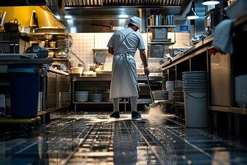 Professional Chef Cleaning the Kitchen Floor - obrazy, fototapety, plakaty