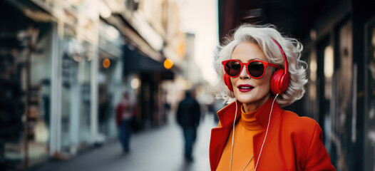 Trendy old woman with grey hair in fashionable outfit and modern sunglasses, listening to the music with headphones, urban modern city background