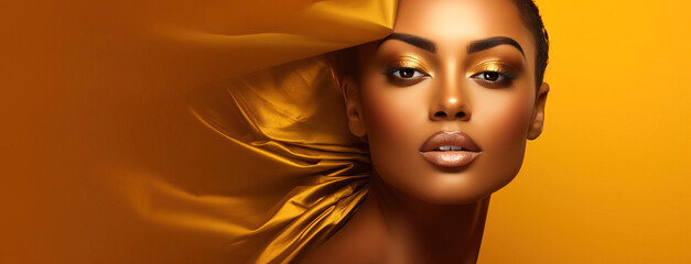 Close up of beautiful afro american woman with make up in yellow turban. Beauty make up or skincare concept banner