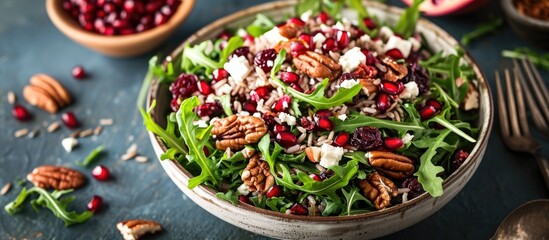 Wild rice arugula salad with pomegranate, pecan nuts, cranberries, and feta cheese. - obrazy, fototapety, plakaty
