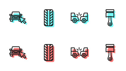 Set line Car accident, Online car sharing, tire wheel and Engine piston icon. Vector