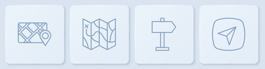 Set line Gps device with map, Road traffic sign, Folded and City navigation. White square button. Vector