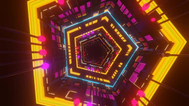 Illustration animation of colorful neon light effect pentagonal tunnel background, for music videos