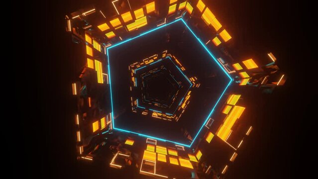 Illustration animation of colorful neon light effect pentagonal tunnel background, for music videos