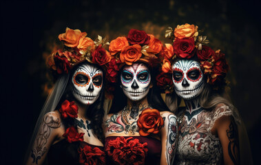 Traditional mexican celebrations. Three women with face paint and flowers on their heads, ready for celebration of the day of the dead