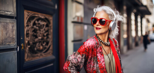 Trendy old woman with grey hair in fashionable outfit and modern sunglasses, listening to the music with headphones, urban modern city background