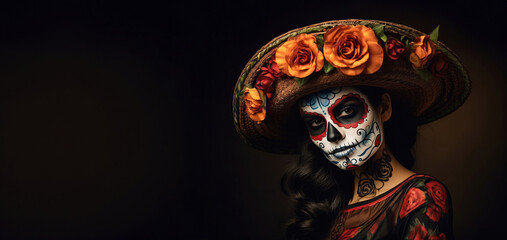 Traditional mexican celebrations. Woman with face paint and flowers on her head, ready for celebration of the day of the dead, banner