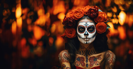 Traditional mexican celebrations. Woman with face paint and flowers on her head, ready for celebration of the day of the dead, banner
