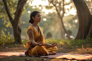 Portrait of young indian woman doing yoga at the park - Powered by Adobe