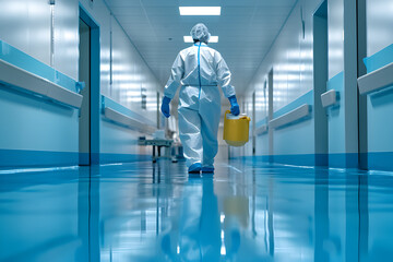Person in Protective Gear Walking Down a Hallway