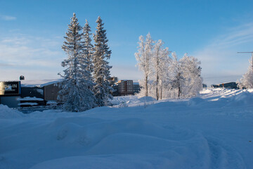 Idyllic panoramic view of a beautiful white winter wonderland scenery in Scandinavia with scenic golden evening light at sunset in winter, northern Europe.