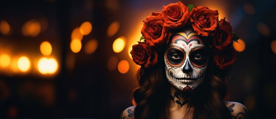Traditional mexican celebrations. Woman with face paint and flowers on her head, ready for celebration of the day of the dead, banner