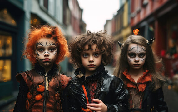 Halloween celebrations. Three children with face paint, wigs and dressing up costumes in the street, trick and treating