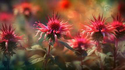 Obraz premium Bee Balm blossoms bathed in the warm sunlight of a summer day. 