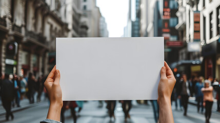 People person hands holding showing blank white empty paper board banner card billboard note board sign on street for text advertising message, protest concept - obrazy, fototapety, plakaty