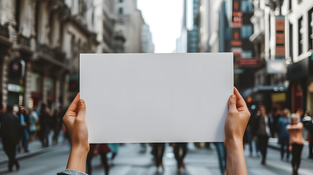 People person hands holding showing blank white empty paper board banner card billboard note board sign on street for text advertising message, protest concept