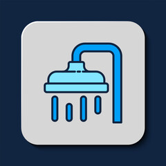Filled outline Shower head with water drops flowing icon isolated on blue background. Vector