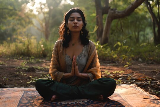 Portrait of young indian woman doing yoga at the park