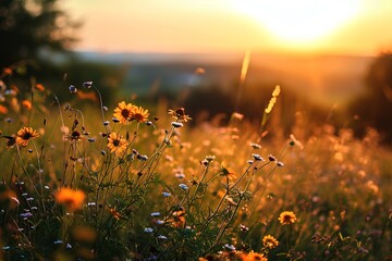 Sunset in the flowers field