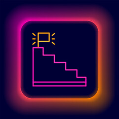 Glowing neon line Stair with finish flag icon isolated on black background. Career growth business concept. Concept of business development. Colorful outline concept. Vector