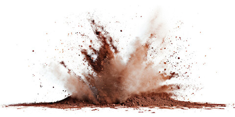 a brown splash painting on white background, brown powder dust paint beige brown explosion explode burst isolated splatter abstract. brown smoke or fog particles explosive special effect
