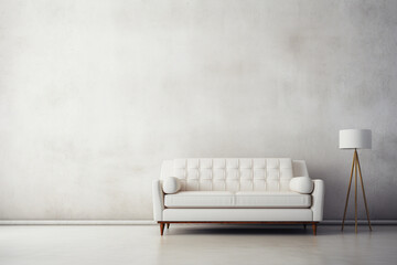 White sofa in an empty room with gray concrete walls. Minimalistic room interior. Simple neutral room decor with copy space