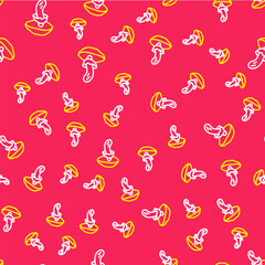 Line Psilocybin mushroom icon isolated seamless pattern on red background. Psychedelic hallucination. Vector