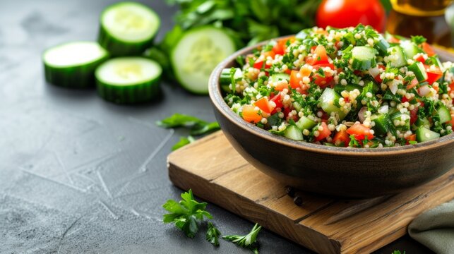 A Mediterranean-inspired tabbouleh salad with parsley, tomatoes, cucumbers, and bulgur wheat