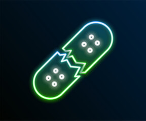 Glowing neon line Broken skateboard deck icon isolated on black background. Extreme sport. Sport equipment. Colorful outline concept. Vector