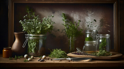 Thyme sprigs arranged in a rustic kitchen setting.