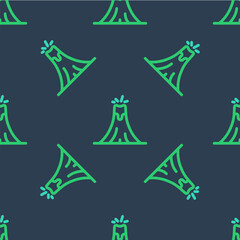 Line Volcano eruption with lava icon isolated seamless pattern on blue background. Vector
