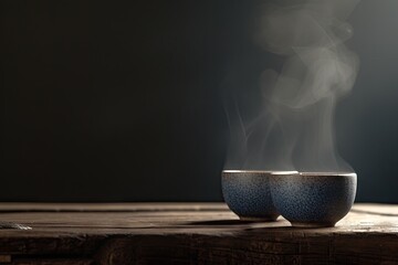 Two steaming cups of hot tea on dark wooden table capturing moment of warmth and aroma closeup of cups reveals delicate steam rising suggesting fresh and tasty beverage perfect for breakfast or break - obrazy, fototapety, plakaty