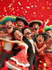 A group of animated characters is joyfully celebrating with Mexican cultural elements