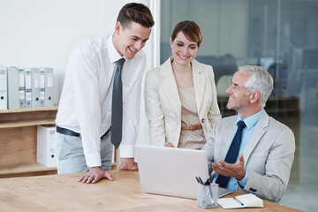 Fototapeta premium Laptop, meeting and business people in discussion in office for corporate legal project. Conversation, technology and professional team of lawyers working on computer by desk together in workplace.