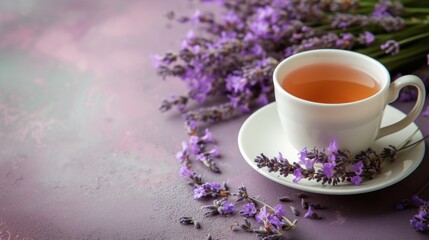 A soothing cup of lavender-infused tea, complemented by a lavender bouquet