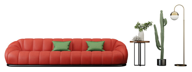 Comfortable Living Room with Stylish Sofa and Pillows Interior furniture set 3D render. Living room house floor template background mockup design , isolated on transparent background