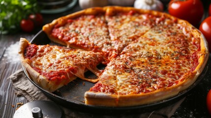 A mouthwatering deep-dish pizza, oozing with cheese and tomato sauce
