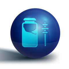 Blue Jar of honey and honey dipper stick icon isolated on white background. Food bank. Sweet natural food symbol. Honey ladle. Blue circle button. Vector