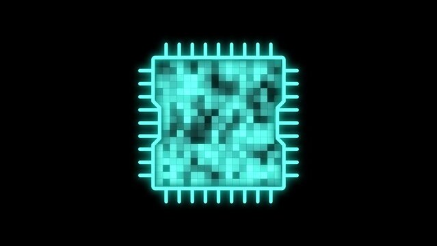 The microchip symbol is broken into pixels flashing different shades of turquoise on a black background. Cg