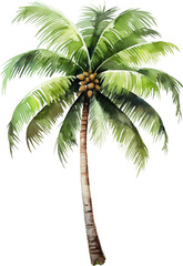 Coconut palm tree watercolor painting isolated on transparent background.