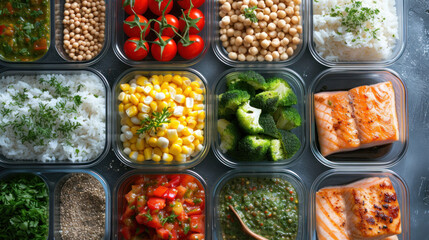 Pre-portioned meal prep containers filled with balanced foods including grains, proteins, and a...