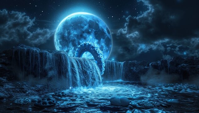 Blue moon with octopus coming out of waterfall. Generate AI image