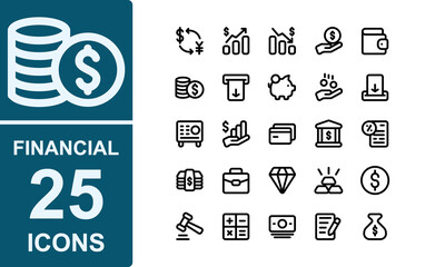 finance icon set .style outline. contains exchange,money,growth,markdown,finance,wallet,coins,withdraw,deposit,bank pig,earning.editable.suitable for apps and web.